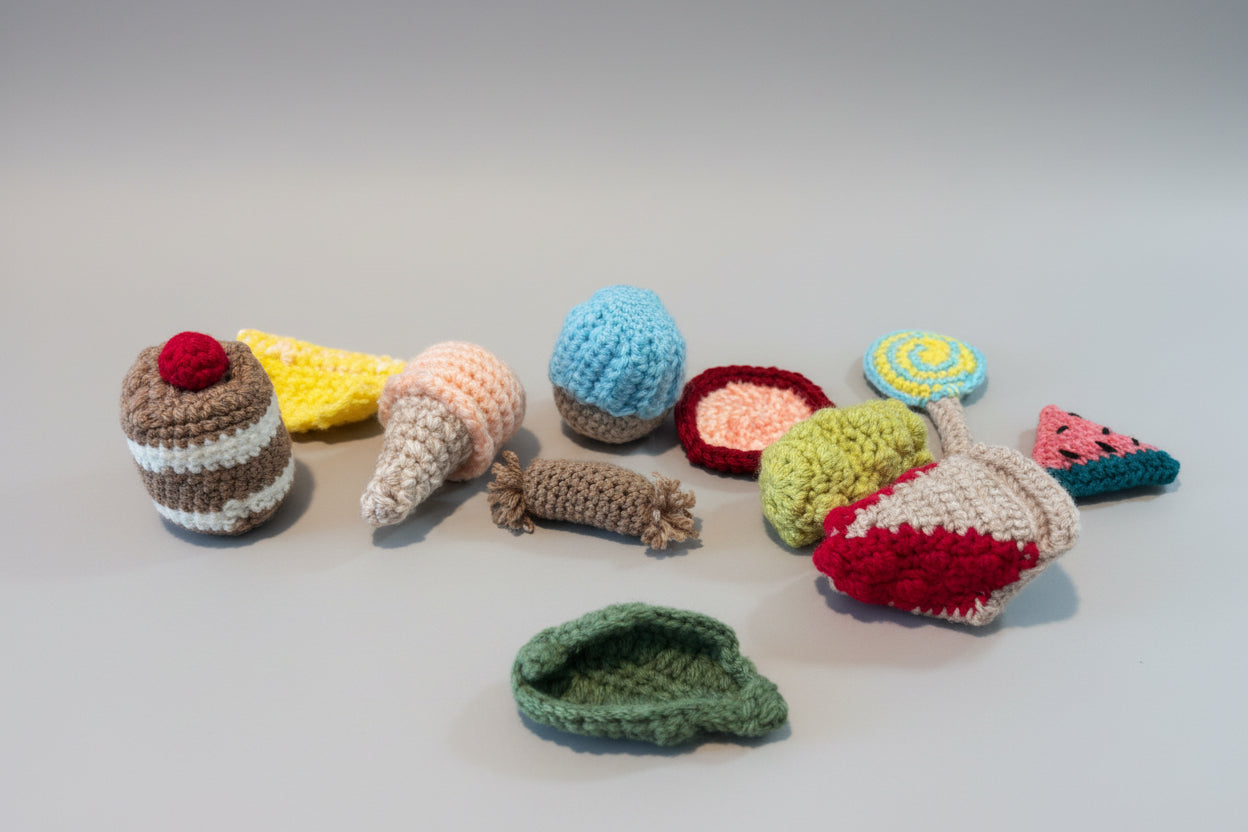 Collection of colorful crocheted toys on a wooden surface