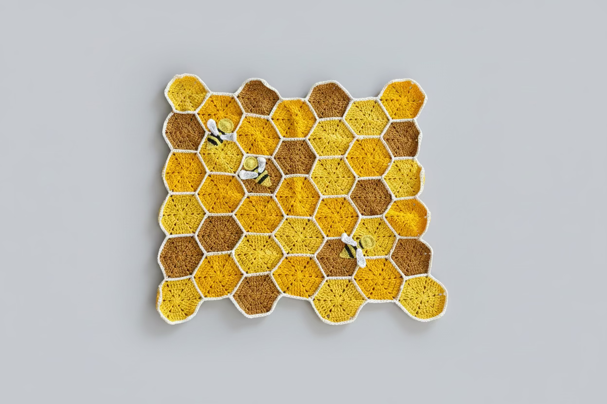 Crocheted honeycomb pattern with three bee characters on a textured gray background
